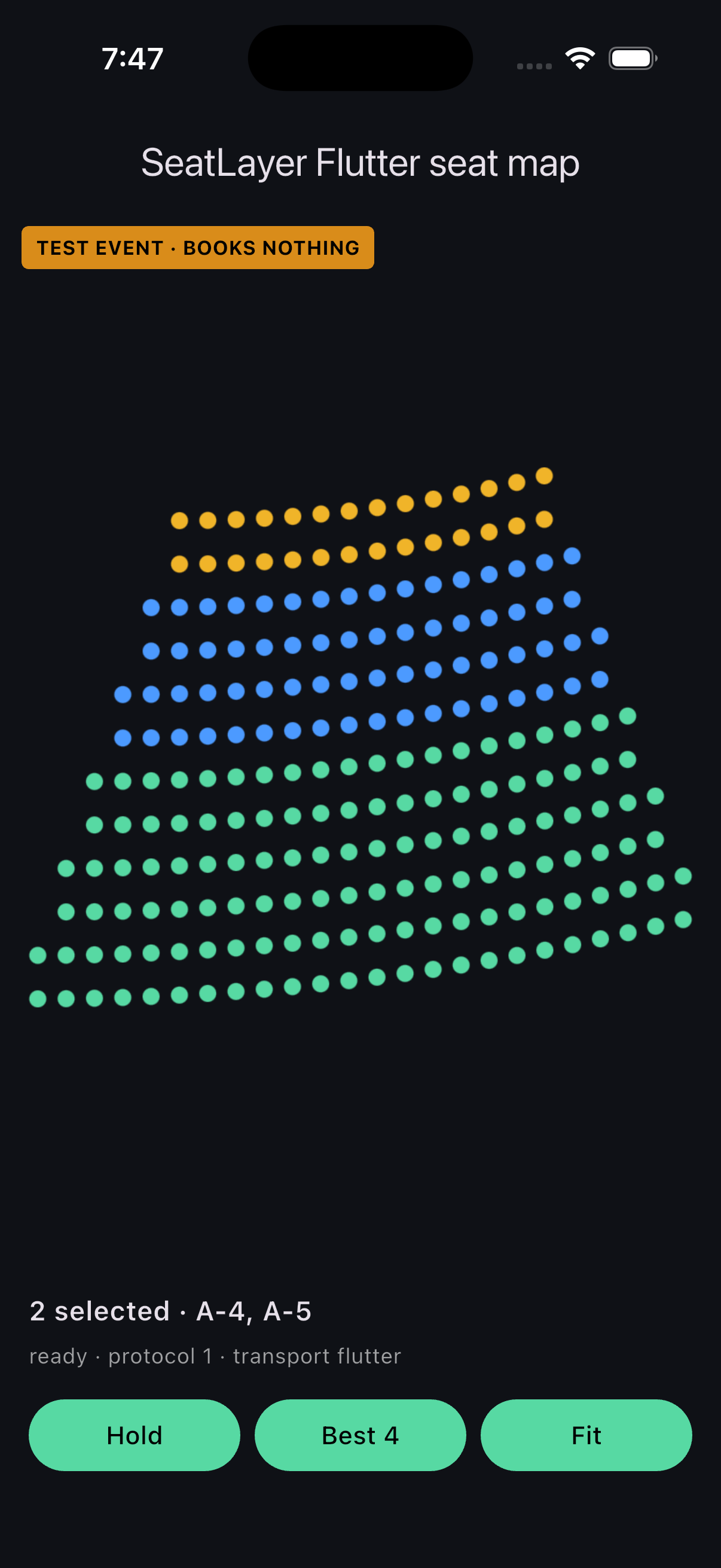 SeatLayer Flutter reserved-seating chart with curved rows and two selected seats in the iOS Simulator